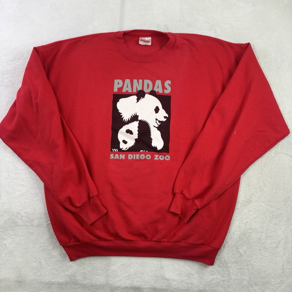 VTG Y2K San Diego Zoo Pandas Red Pullover Long Sleeve Fleece Sweatshirt Men's XL